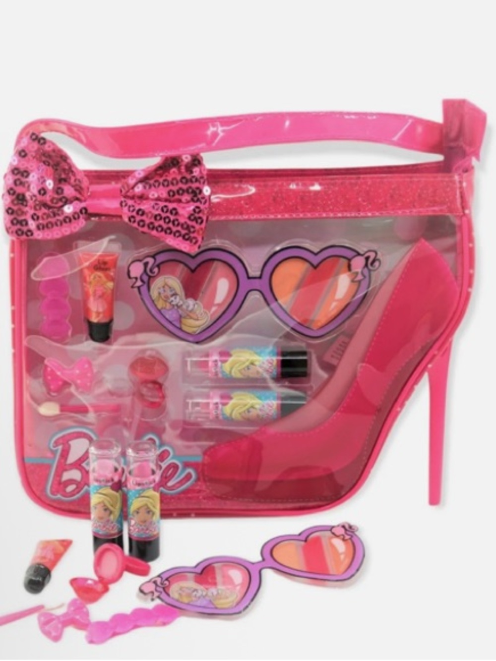 Barbie Pink Sequin Bow Cosmetic Play Set with Heart Sunglasses - Picture 2 of 5
